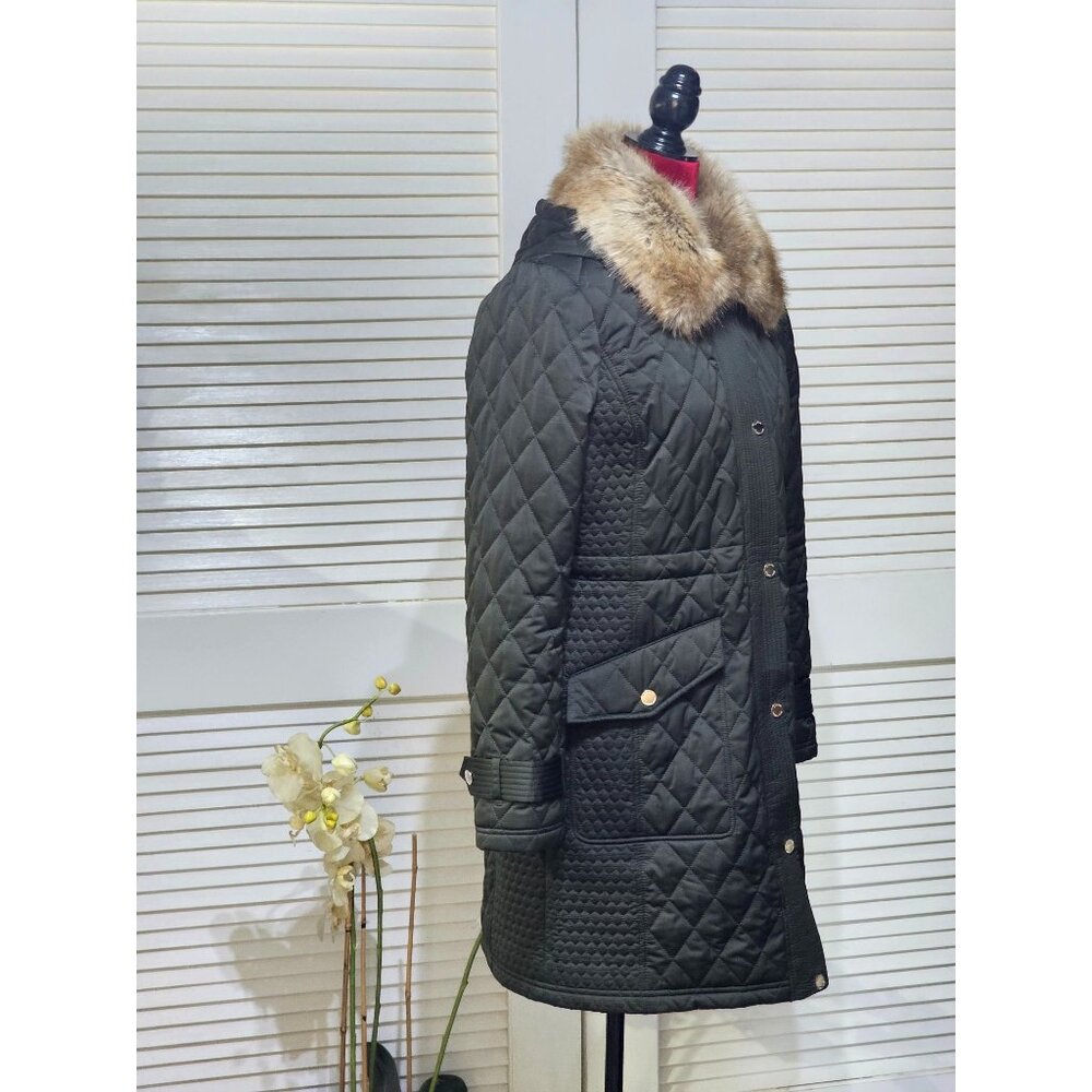 Michael Kors Women's Green Quilted Coat Jacket With Faux Fur Collar M 2755 - Picture 3 of 14